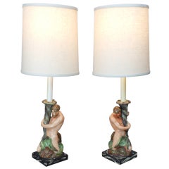 Staffordshire Pair of Ceramic Candlesticks Mounted as Lamps