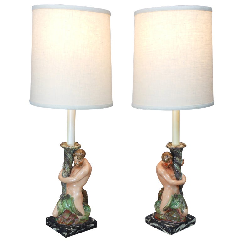 Staffordshire Pair of Ceramic Candlesticks Mounted as Lamps For Sale