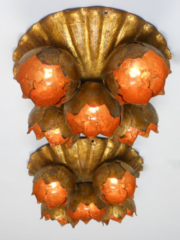 Mid-20th Century A Pair of French Gilt Iron Lily Ceiling Lights or Sconces For Sale