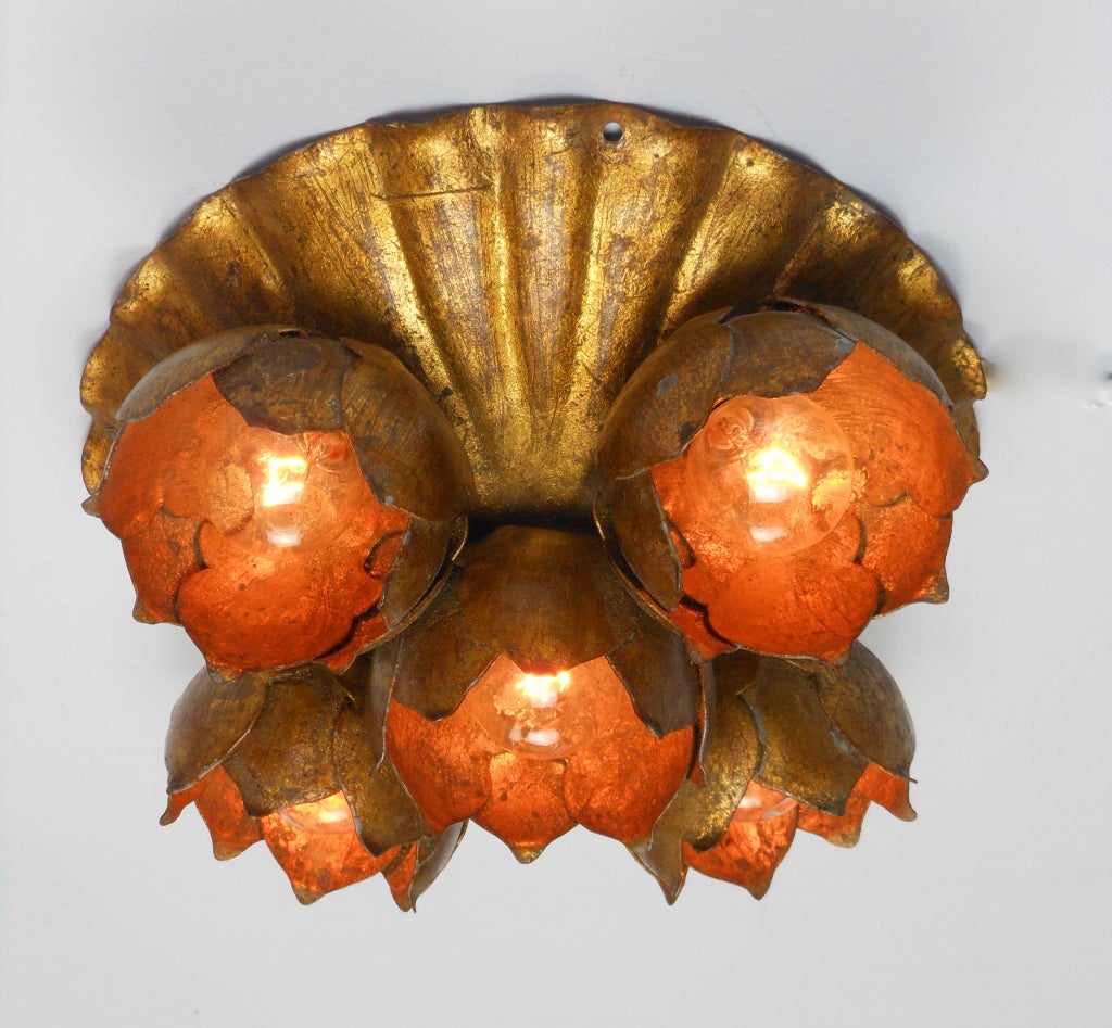 A Pair of French Gilt Iron Lily Ceiling Lights or Sconces For Sale 1