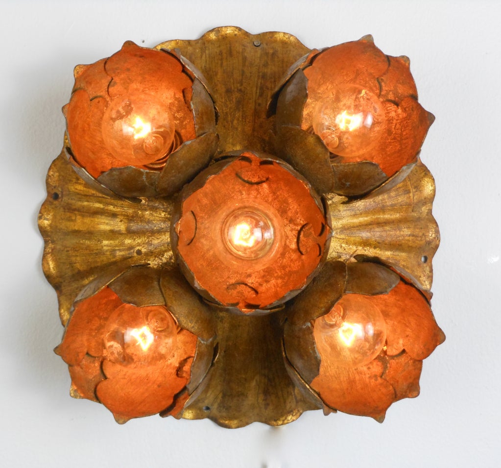 A Pair of French Gilt Iron Lily Ceiling Lights or Sconces For Sale 2