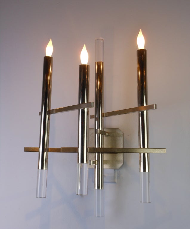 Italian 1970s Chrome and Lucite Sconces by Gaetano Sciolari In Good Condition For Sale In New York, NY