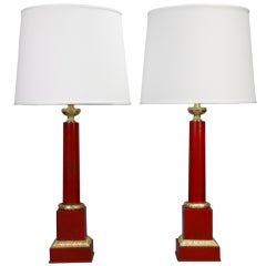 A Pair of Charles X Gilt Bronze Mounted Red Tole Column Lamps