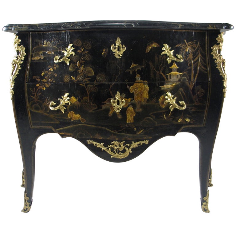 French Louis XV Gilt Bronze Mounted Black Lacquer Chinoiserie Commode For Sale