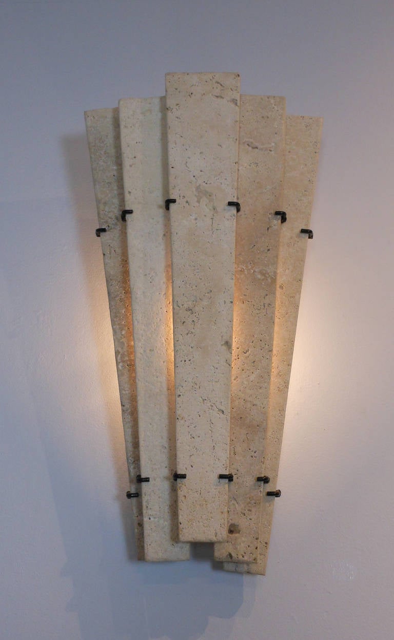 Mid-Century Modern Pair of Large French Modern Travertine Sconces For Sale