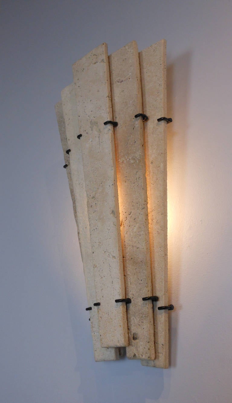 Pair of Large French Modern Travertine Sconces In Good Condition For Sale In New York, NY