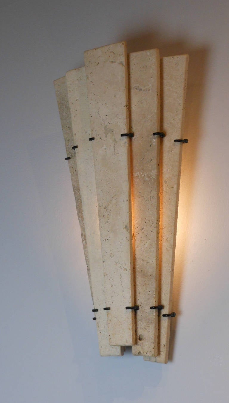 20th Century Pair of Large French Modern Travertine Sconces For Sale