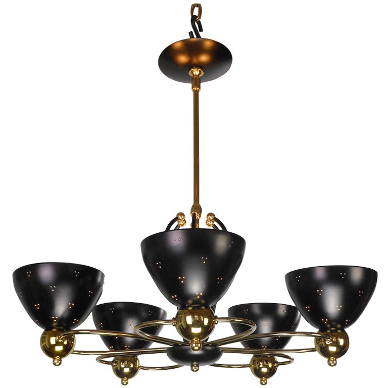 An American Mid-Century Modern Brass and Black Chandelier by Lightolier For Sale