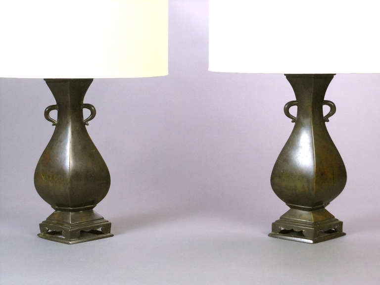 Qing Chinese Pair of Bronze Vases, Now Lamps For Sale