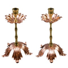 English Art Nouveau Pair of Brass and Copper Candlesticks