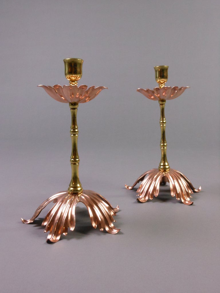 British English Art Nouveau Pair of Brass and Copper Candlesticks