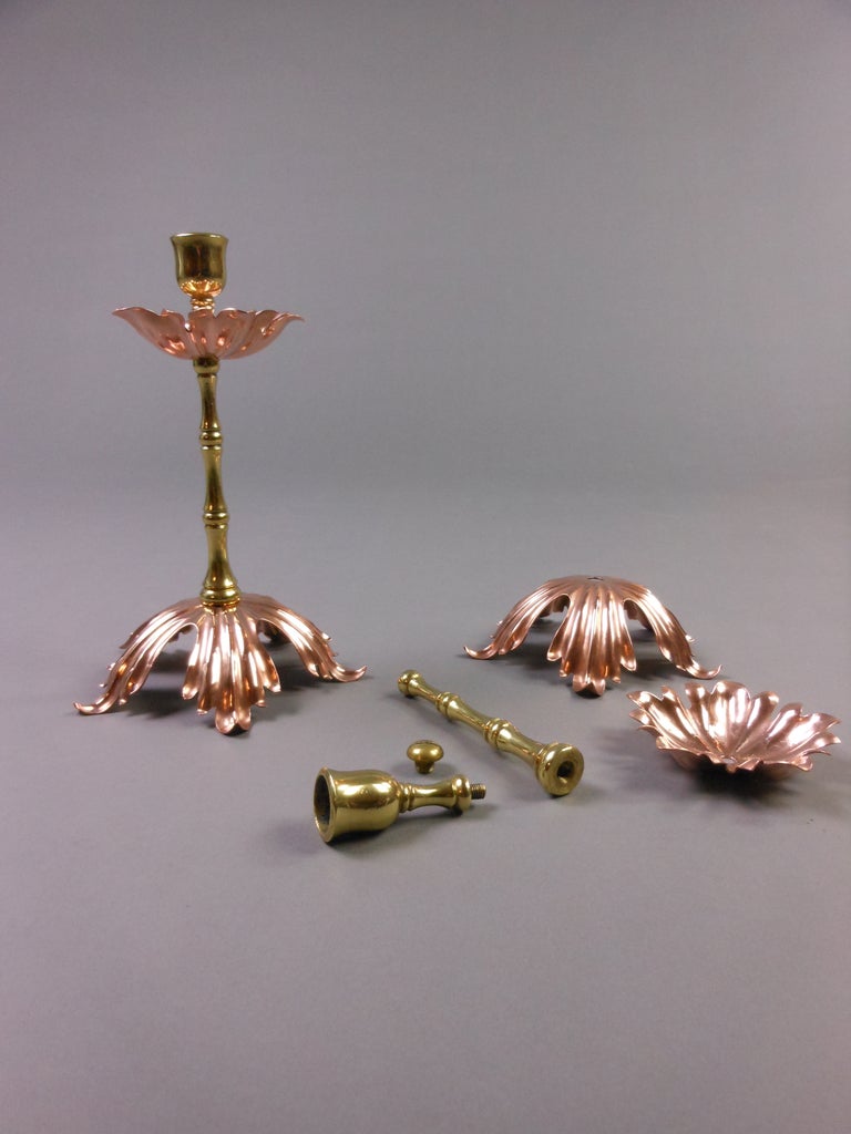 19th Century English Art Nouveau Pair of Brass and Copper Candlesticks