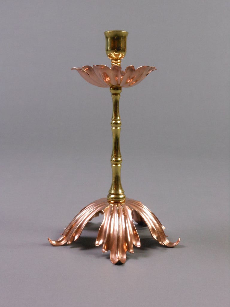 English Art Nouveau Pair of Brass and Copper Candlesticks 2