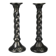 A Pair of American Black Lustre Glaze Candlesticks Marked Fulper