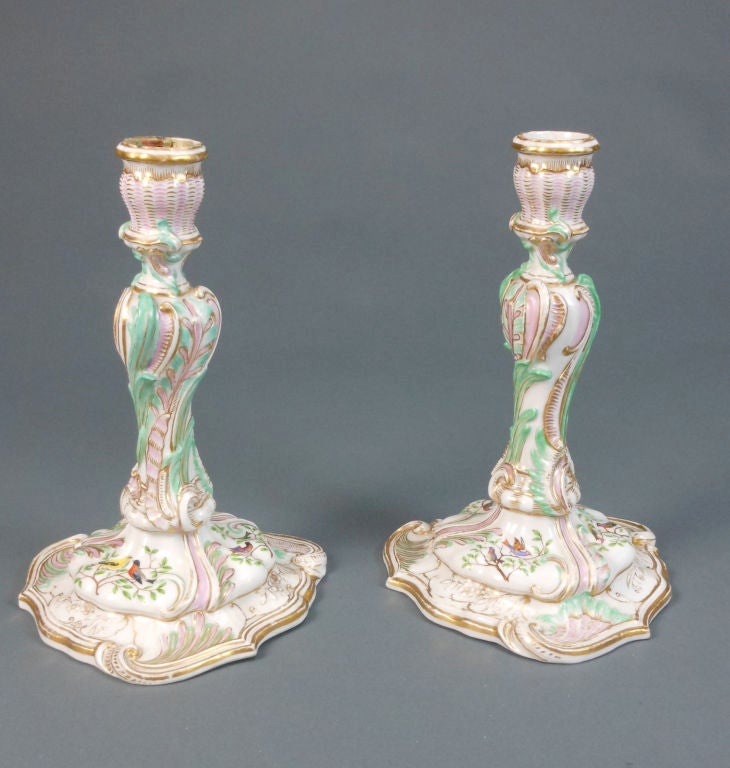 German Pair of Meissen Rococo, Parcel Gilt, Polychrome Candlesticks