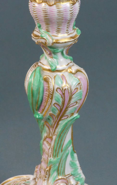 Porcelain Pair of Meissen Rococo, Parcel Gilt, Polychrome Candlesticks