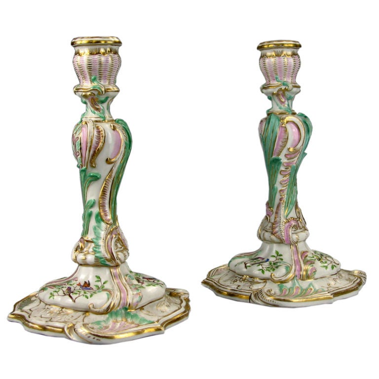 Pair of Meissen Rococo, Parcel Gilt, Polychrome Candlesticks