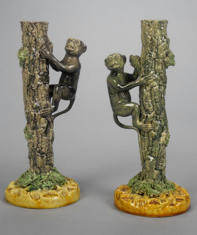 A Pair of Ceramic Monkey Candlesticks by Manuel Cipriano Gomez
