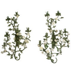 A Pair of Rococo Porcelain Mounted Painted Tole Sconces