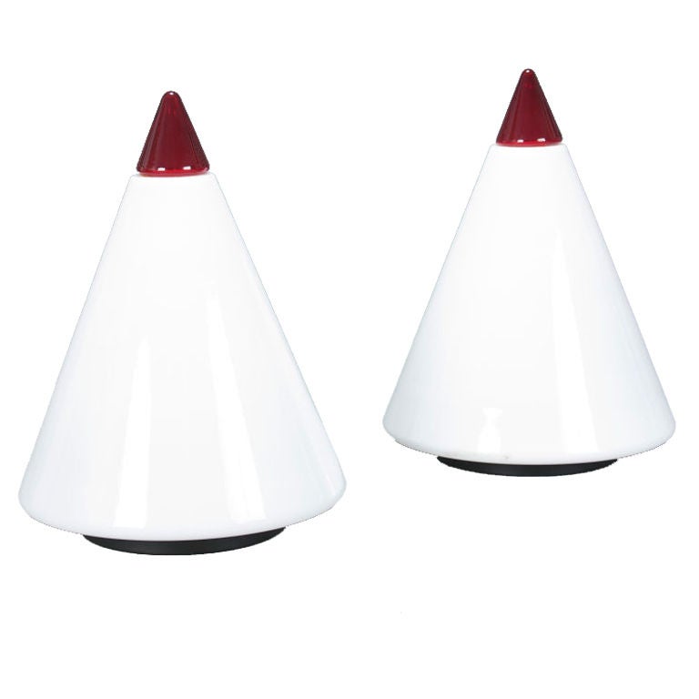 Each in the form of an opaque white cone with red glass tips. Made by Giusto Toso for Leucos.