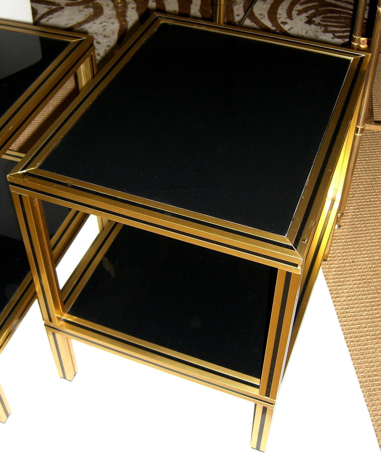 Pair of French Gilt Brass and Black Glass End Tables In Good Condition In Mt Kisco, NY