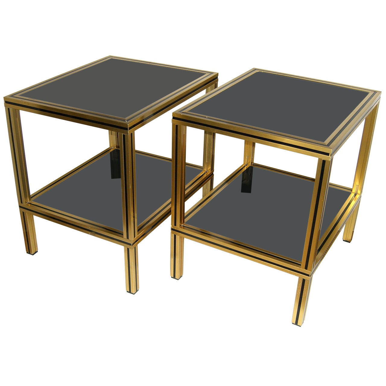 Pair of French Gilt Brass and Black Glass End Tables