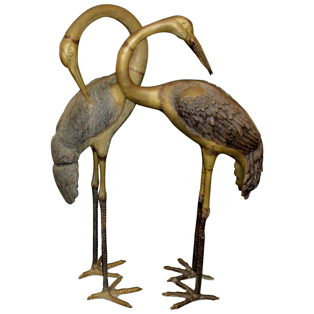 Pair of Large Patinated Brass Garden Sculptures of Herons