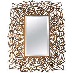 Unusual Artisan Crafted French Gilt Metal Geometric Mirror
