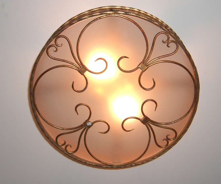 French 1940's Gilt Metal Semi-Flush Mount Ceiling Light In Excellent Condition In Mt Kisco, NY