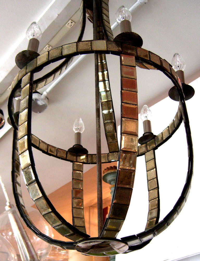 20th Century French 6 Light Mirrored Chandelier in the Style of Serge Roche
