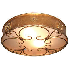 Vintage French 1940's Gilt Metal Semi-Flush Mount Ceiling Light