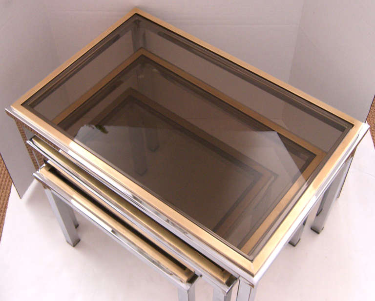 Late 20th Century French Chrome and Brass Glass Top Nesting Tables
