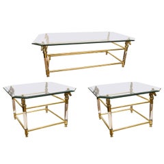 Set of Vintage French Brass and Lucite Horse Head Glass Top Tables