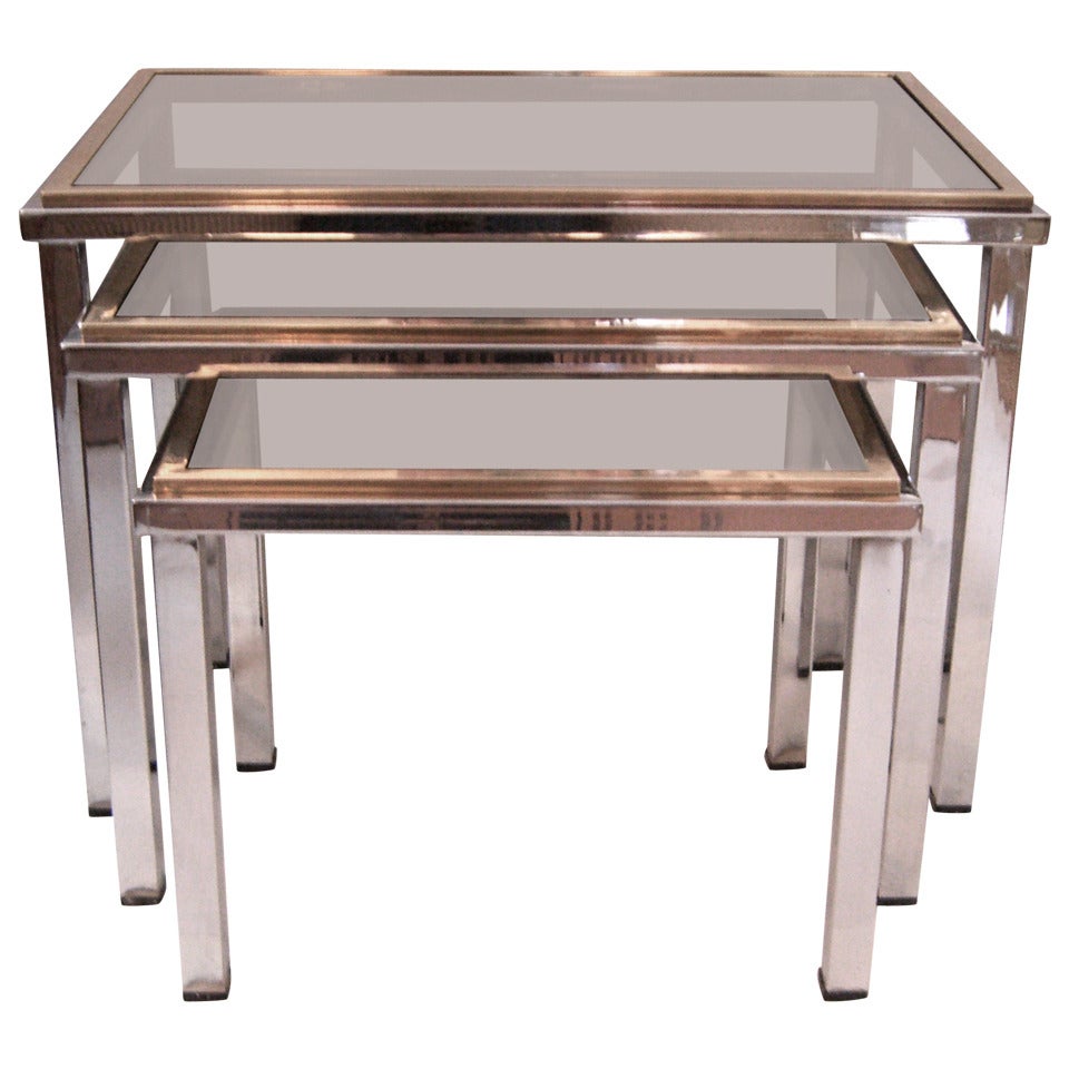 French Chrome and Brass Glass Top Nesting Tables