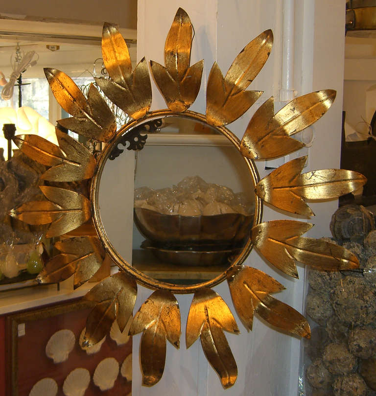 Vintage French Gilt Metal Sunburst Mirror In Good Condition In Mt Kisco, NY