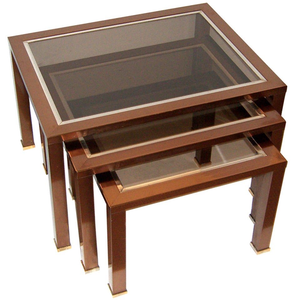 Set of French Modern Copper Finish Glass Top Nesting Tables For Sale