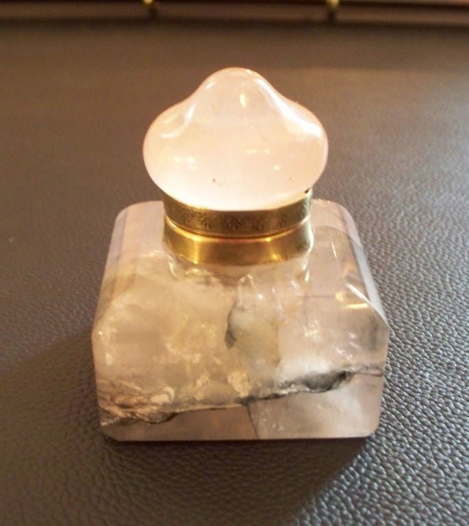 beveled rose quartz inkwell with brass collar