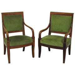 Antique Pair of French Empire His and Hers Carved Wood Armchairs