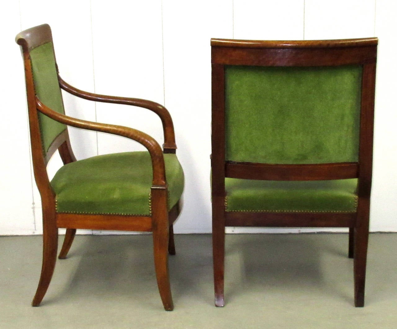 Pair of French Empire His and Hers Carved Wood Armchairs In Excellent Condition In Mt Kisco, NY