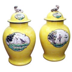 Vintage Pair of Large Quimper Style Hand Painted Lidded Jars