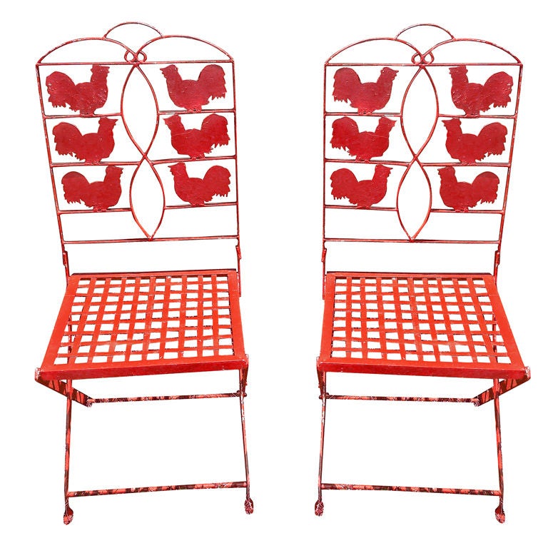 Pair of Delightful 1940's Iron "Rooster" Garden Chairs