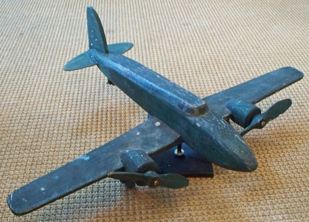 Vintage Wood Airplane Model on Stand