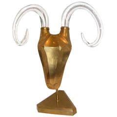 1970s Modernist Brass Ram's Head Sculpture with Glass Horns 2