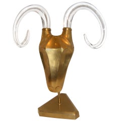 1970s Modernist Brass Ram's Head Sculpture with Glass Horns