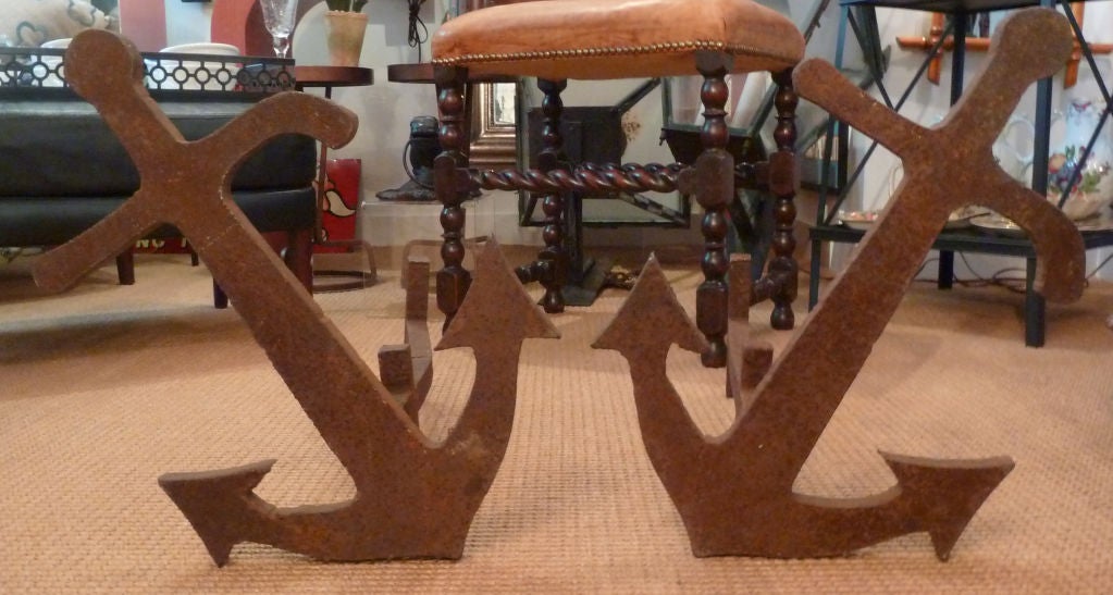 Pair of Unique Hand Crafted Wrought Iron Anchor Form Andirons