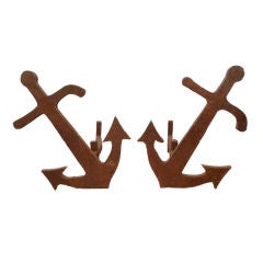 Pair of Unique Hand Crafted Wrought Iron Anchor Form Andirons