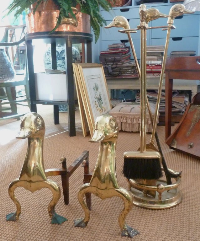 Mid Century Brass Duck Form Fireplace Set