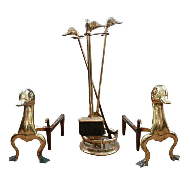 Mid Century Brass Duck Form Fireplace Set at 1stDibs