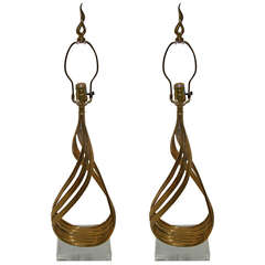 Pair of 1970s Sculptural Brass Flame Lamps on Lucite Bases