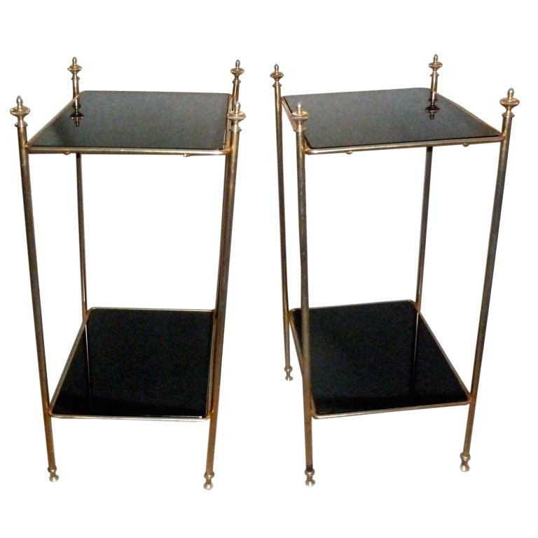 Pair of Chic French Gold Finish End Tables with Black Glass at 1stdibs